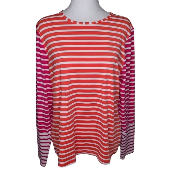 Lands' End Women’s Swimshirt Rash Guard Pink Orange White Striped Sz Lg 14/16 - Picture 1 of 5
